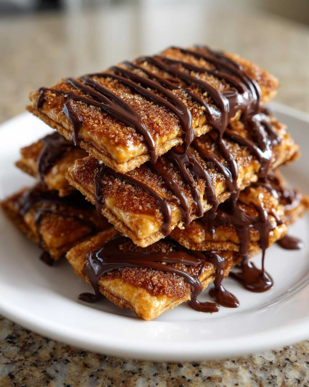 A stack of irresistible churro cracker candy drizzled with chocolate on a white plate.