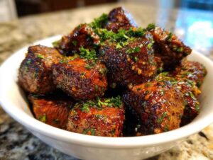 A bowl of glistening cowboy butter steak bites, seasoned and garnished with fresh parsley.