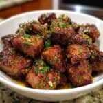 A close-up of a white bowl filled with juicy Cowboy Butter Steak Bites, glistening with sauce and topped with fresh parsley.