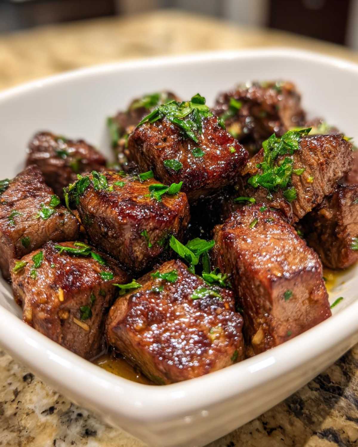 Close-up of delicious cowboy butter steak bites seasoned and garnished with fresh parsley in a white bowl.