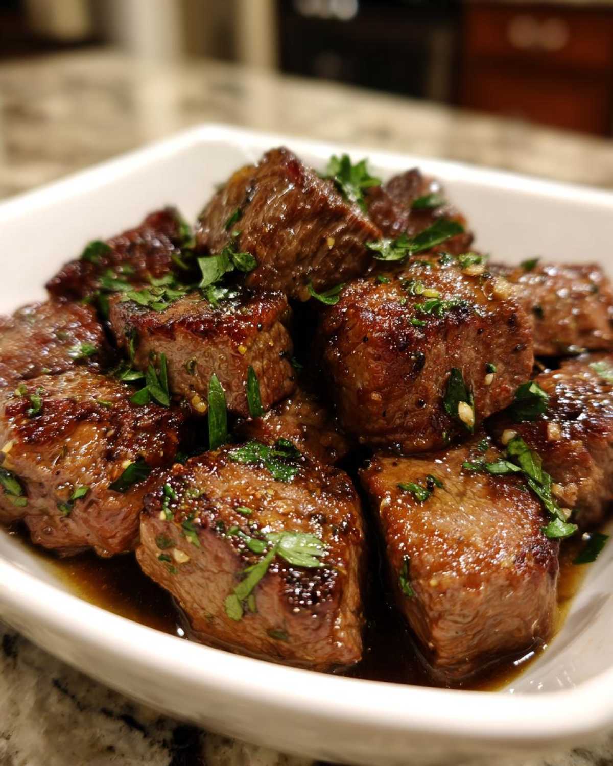 Close-up of delicious cowboy butter steak bites coated in sauce and sprinkled with fresh parsley.
