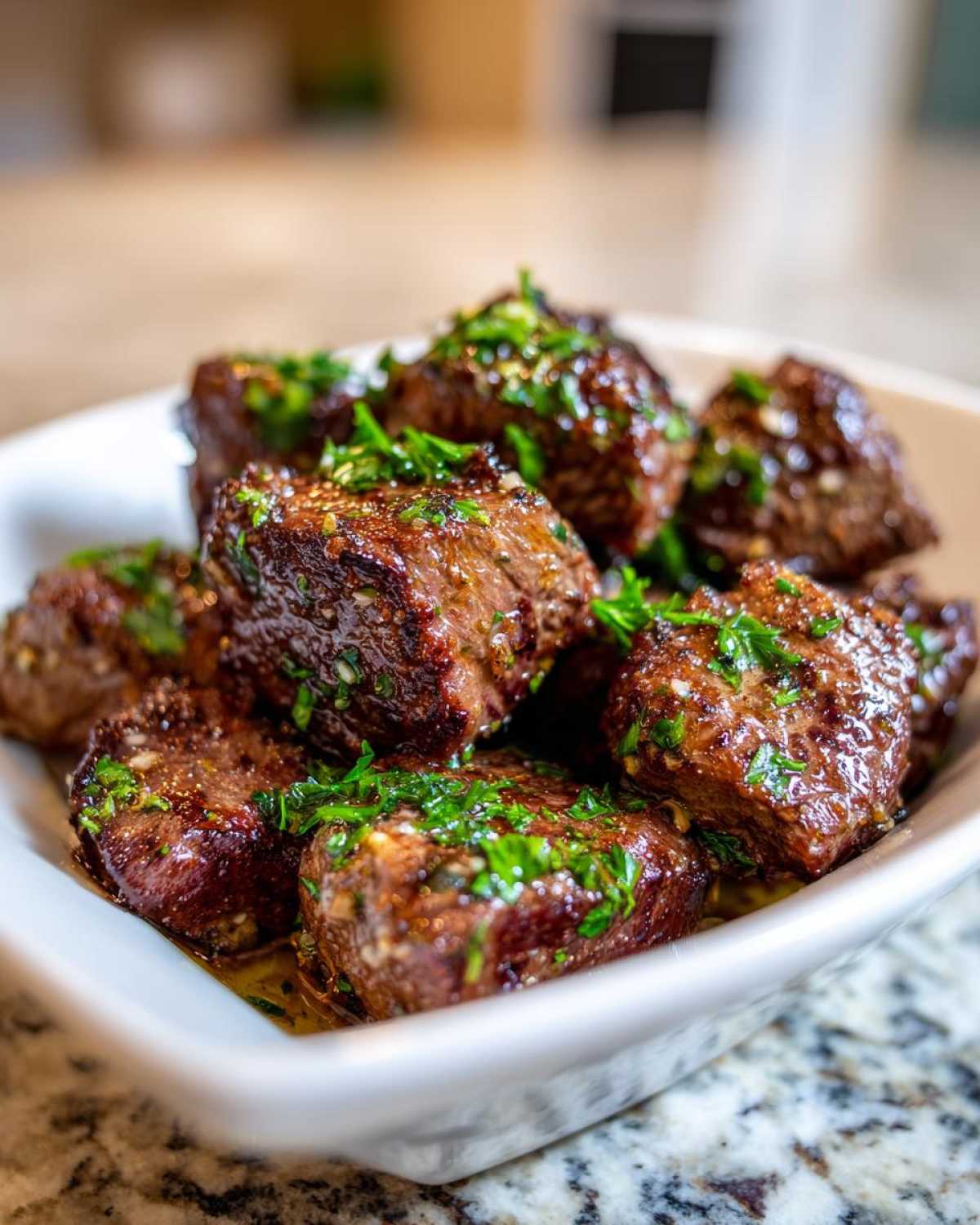 Close-up of a bowl filled with glistening Cowboy Butter Steak Bites, topped with fresh chopped parsley.
