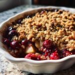 Close-up of a freshly baked Cranberry Apple Crisp in a white baking dish, showing bubbling fruit and a golden oat topping.