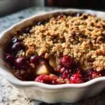 Close-up of a freshly baked Cranberry Apple Crisp in a white baking dish, showing bubbling fruit and a golden oat topping.
