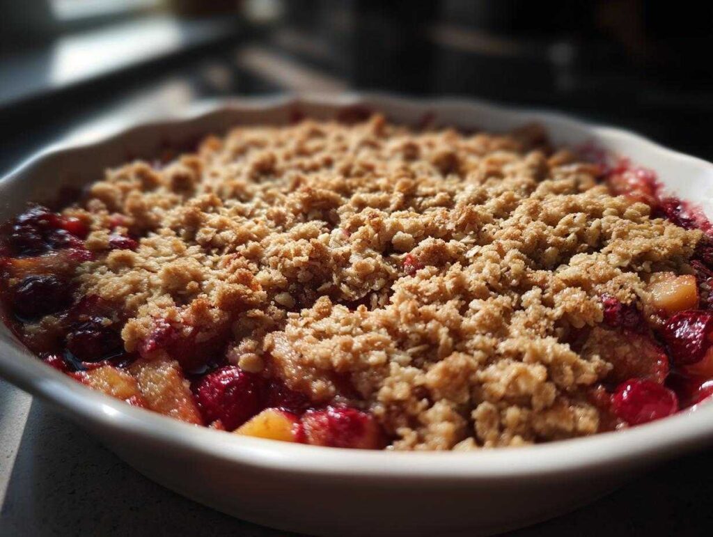 Close-up of a golden-brown baked Cranberry Apple Crisp in a white pie dish.