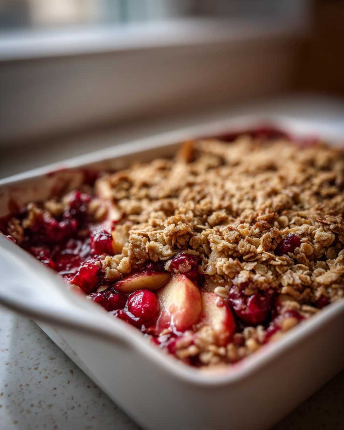 Close-up of a white baking dish filled with a golden-brown topped cranberry apple crisp, showing fruit filling.