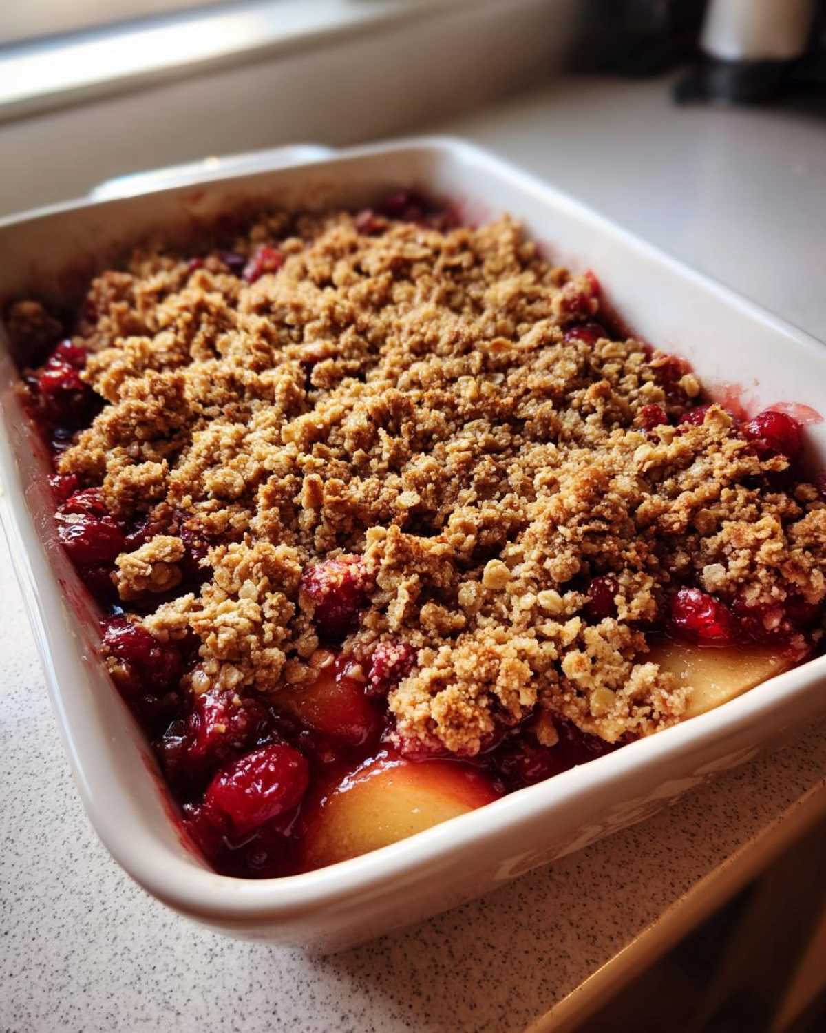 Close-up of a freshly baked Cranberry Apple Crisp in a white baking dish, showing golden brown crumble topping over fruit.