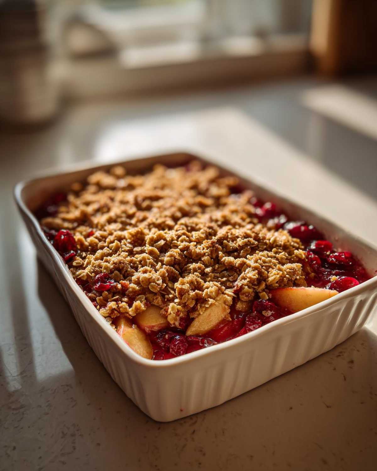 A freshly baked Cranberry Apple Crisp in a white ceramic baking dish, with a golden oat topping and visible fruit filling.