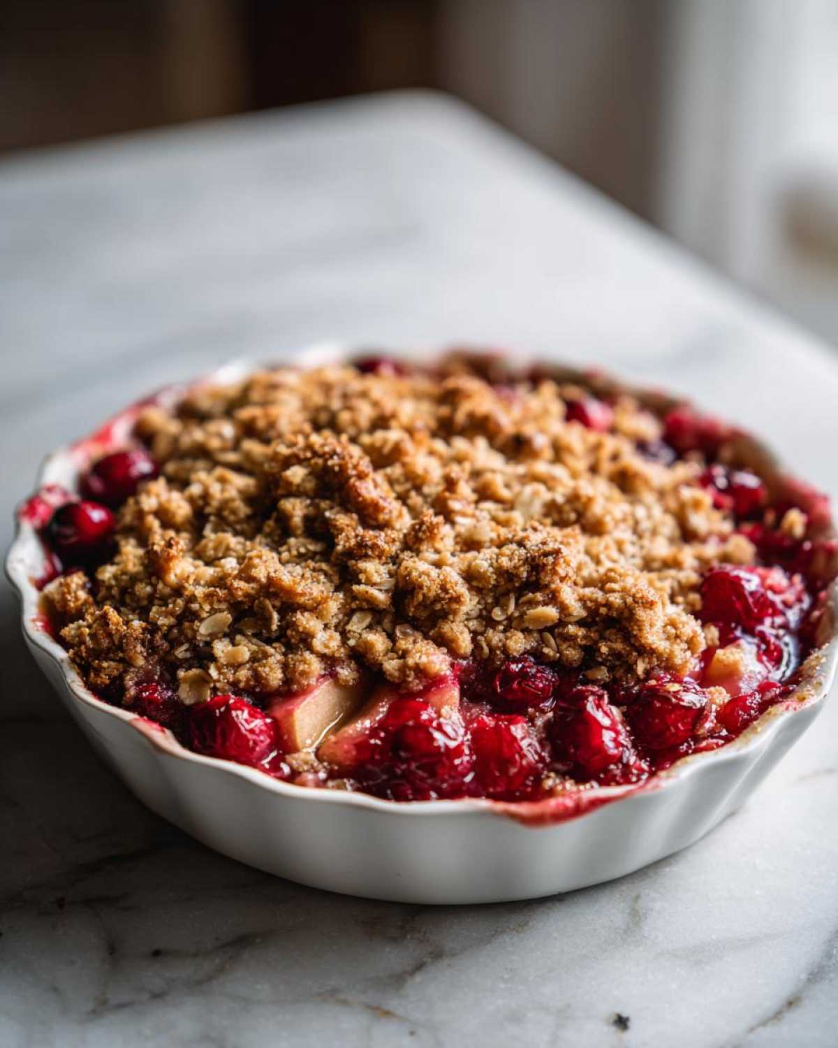 Close-up of a freshly baked Cranberry Apple Crisp in a white baking dish, showing the golden crumble topping and vibrant red fruit.