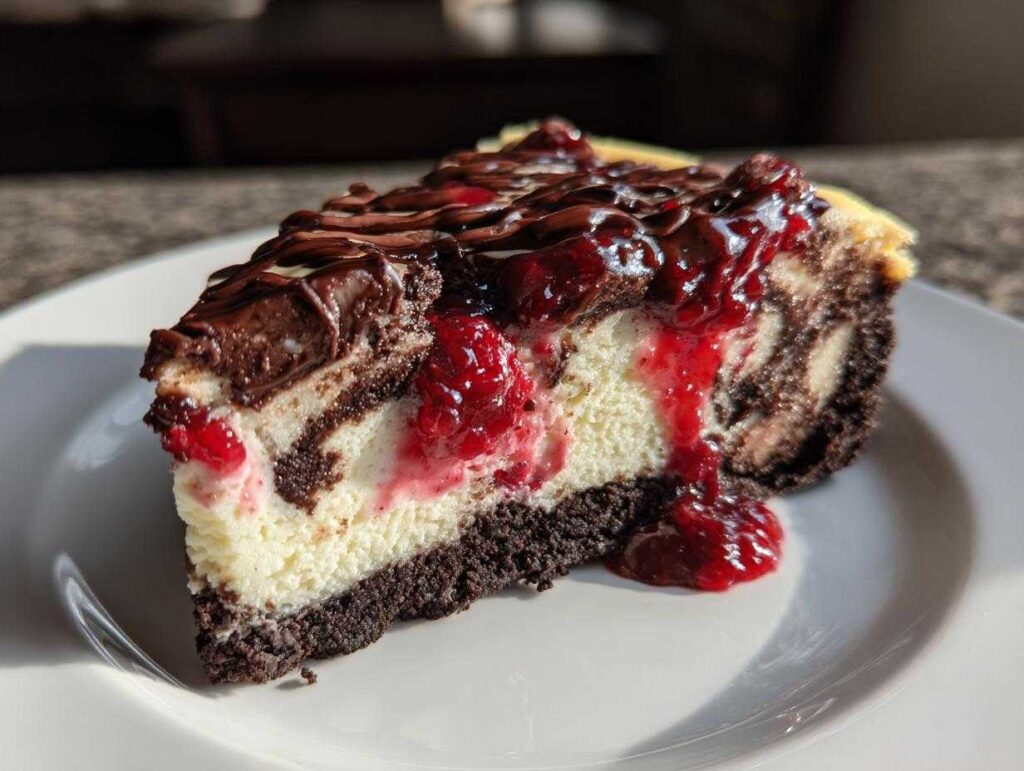 A slice of rich cranberry fudge cheesecake with a chocolate crust, marbled fudge swirls, and a tart cranberry topping.