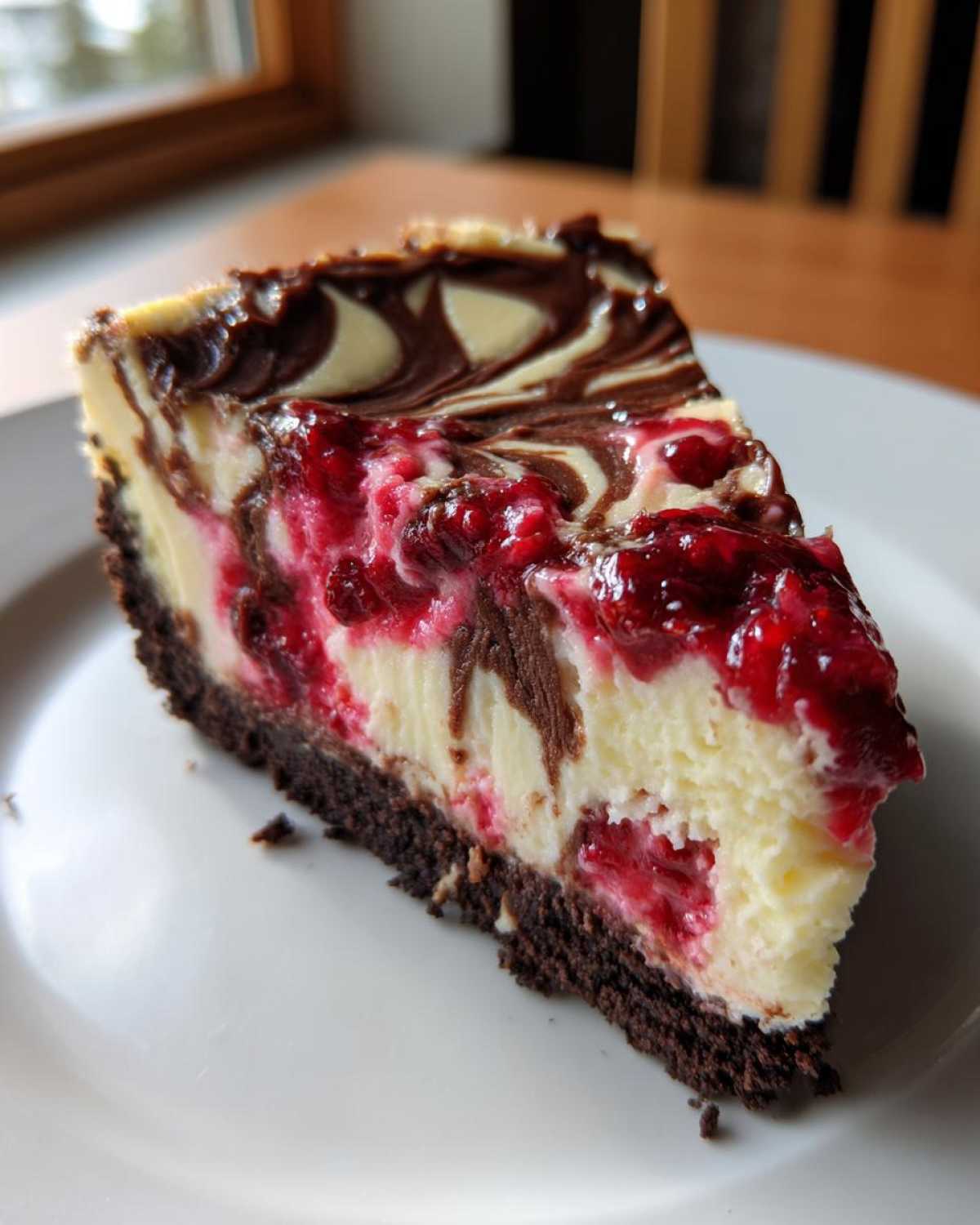 A decadent slice of Cranberry Fudge Cheesecake with a chocolate crust, creamy filling, swirled fudge, and tart cranberry topping.