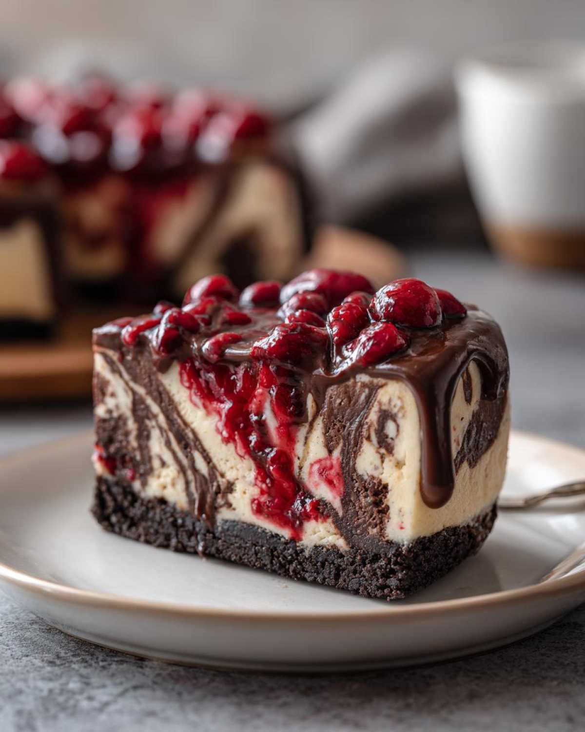 A decadent slice of Cranberry Fudge Cheesecake with a chocolate cookie crust, swirled fudge, and a bright cranberry topping.