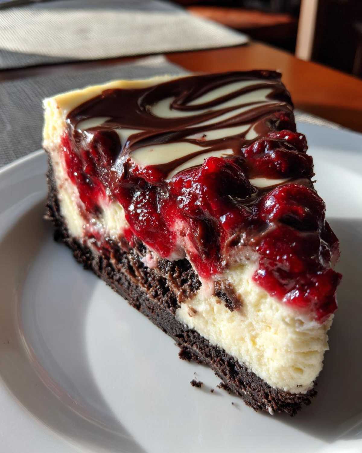 A decadent slice of Cranberry Fudge Cheesecake with a chocolate crust, creamy filling, and rich berry topping.