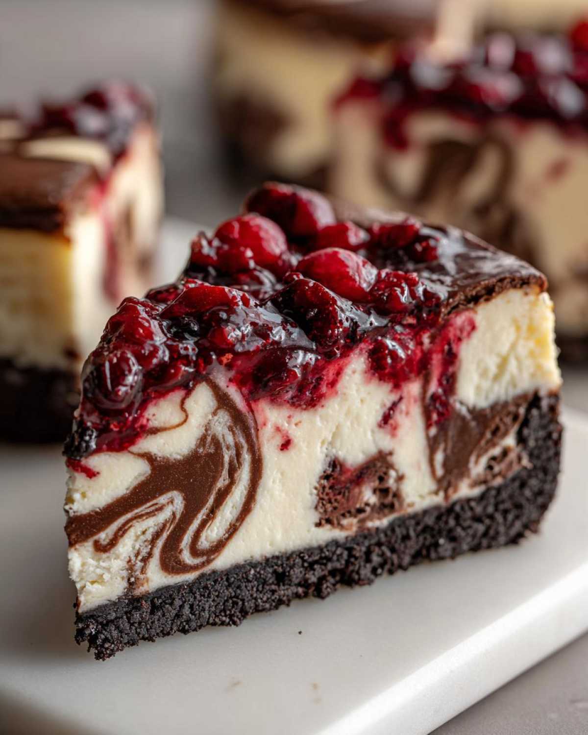 A rich slice of Cranberry Fudge Cheesecake with a chocolate crust, swirled fudge, and topped with whole cranberries.