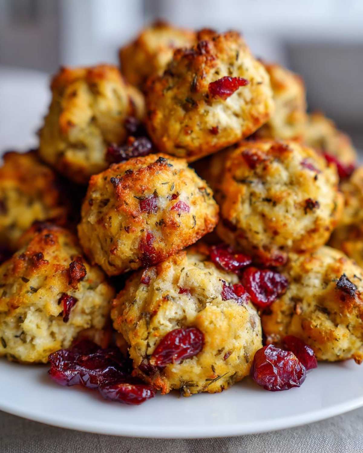 A close-up of a pile of golden-brown cranberry turkey stuffing balls, dotted with dried cranberries and herbs.