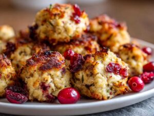 Close-up of golden-brown cranberry turkey stuffing balls, garnished with fresh cranberries.