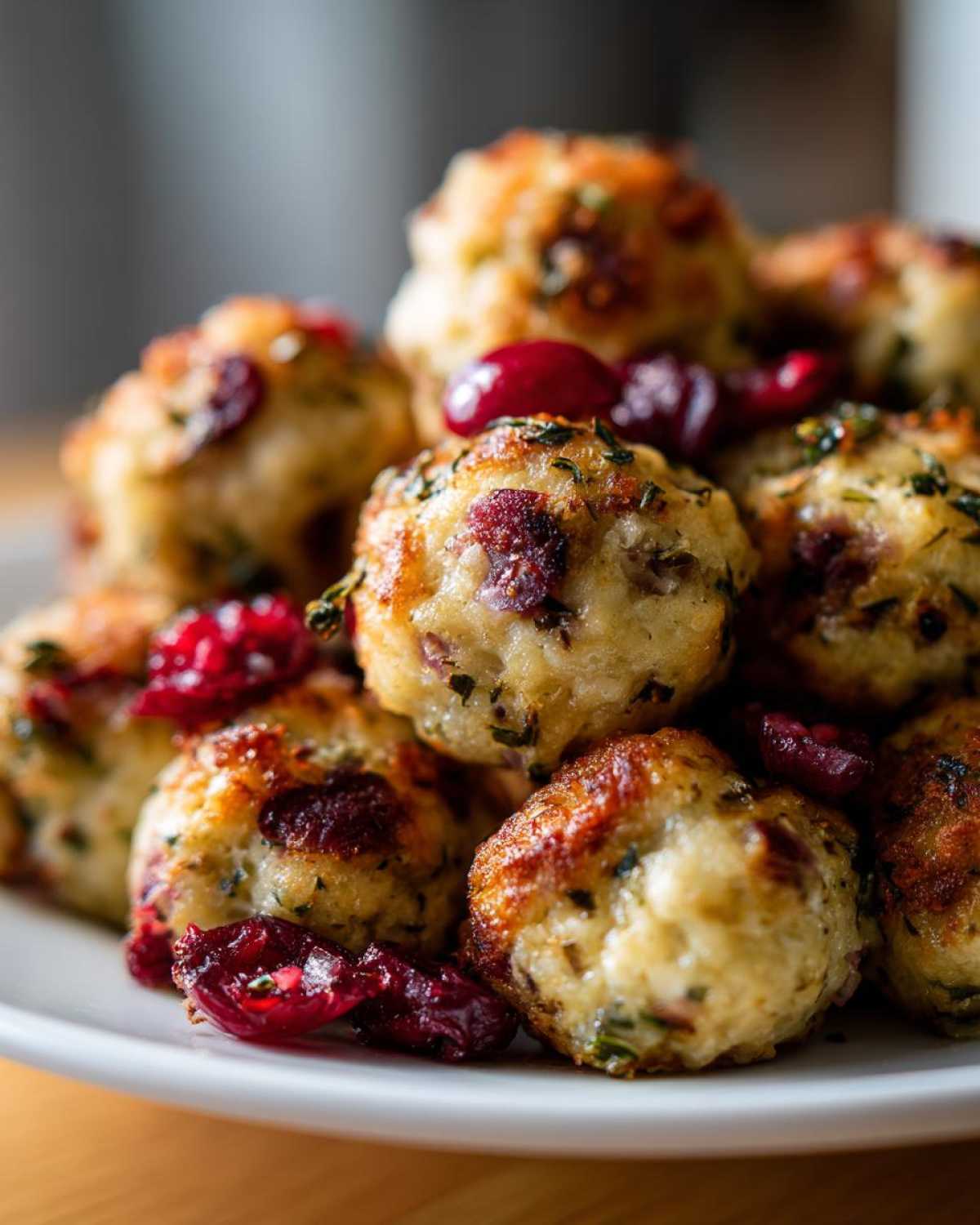 A close-up shot of golden-brown Cranberry Turkey Stuffing Balls, garnished with fresh cranberries and herbs.
