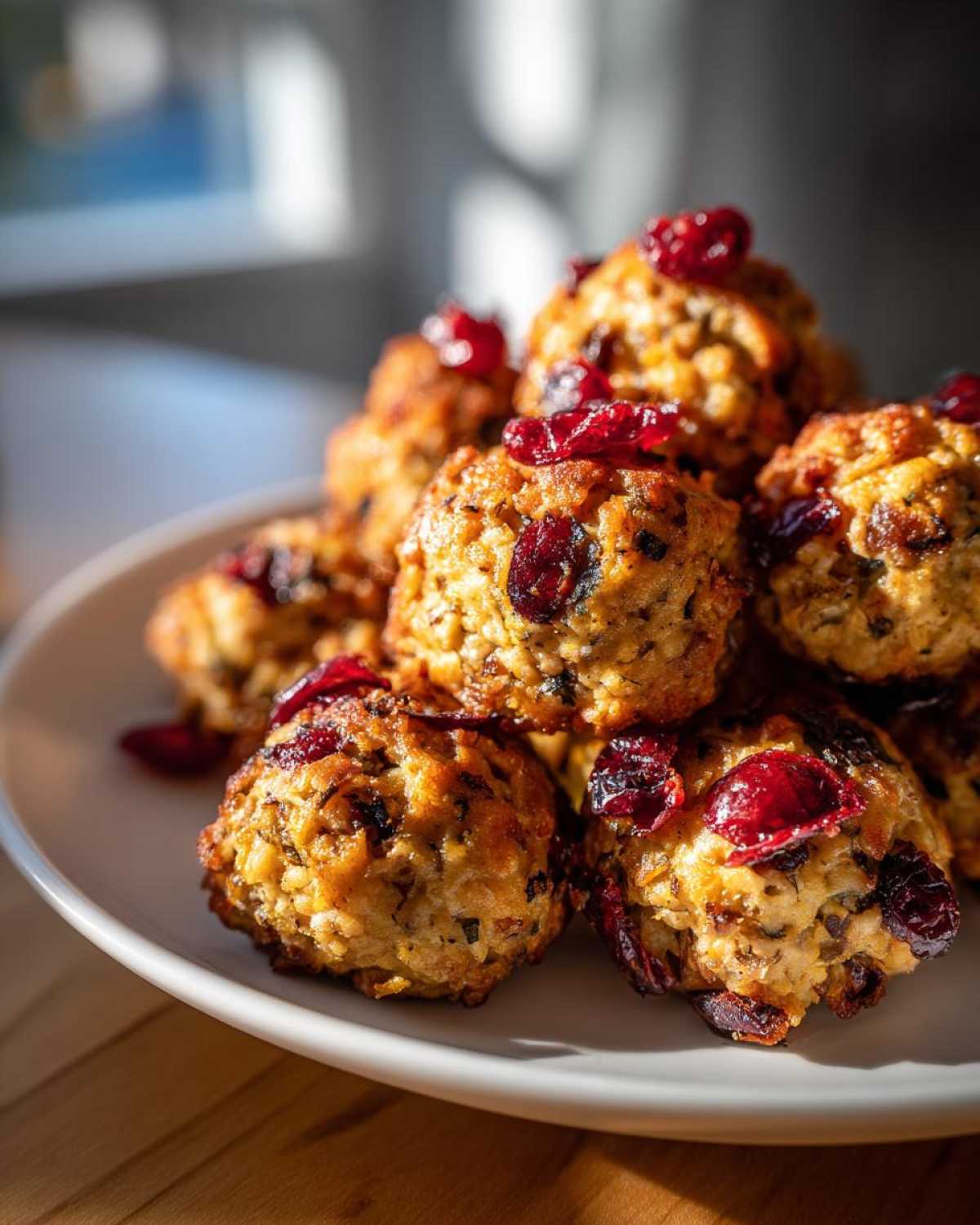 A close-up of a stack of golden-brown cranberry turkey stuffing balls, topped with dried cranberries.