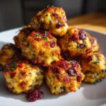 A close-up of a stack of golden-brown cranberry turkey stuffing balls, garnished with fresh parsley.