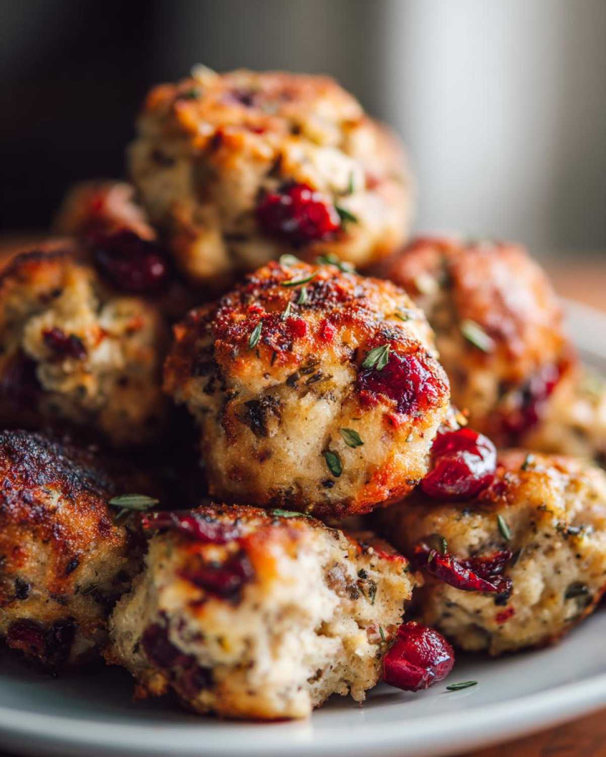 A close-up stack of golden-brown cranberry turkey stuffing balls, garnished with fresh herbs and dried cranberries.