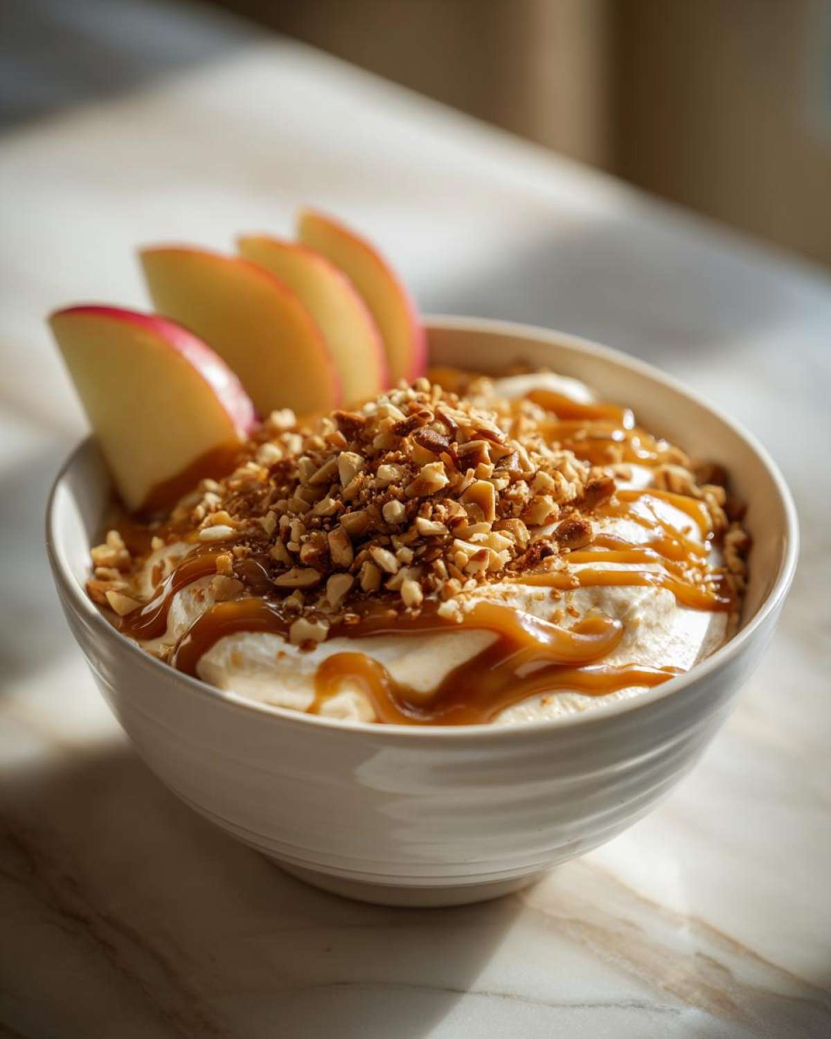 A bowl of Cream Cheese Caramel Apple Dip topped with chopped nuts and caramel drizzle, garnished with apple slices.