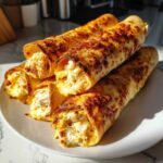 Close-up of golden-brown, crispy cream cheese chicken taquitos piled on a white plate.