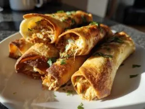 A plate piled high with golden-brown, crispy cream cheese chicken taquitos, garnished with fresh parsley.