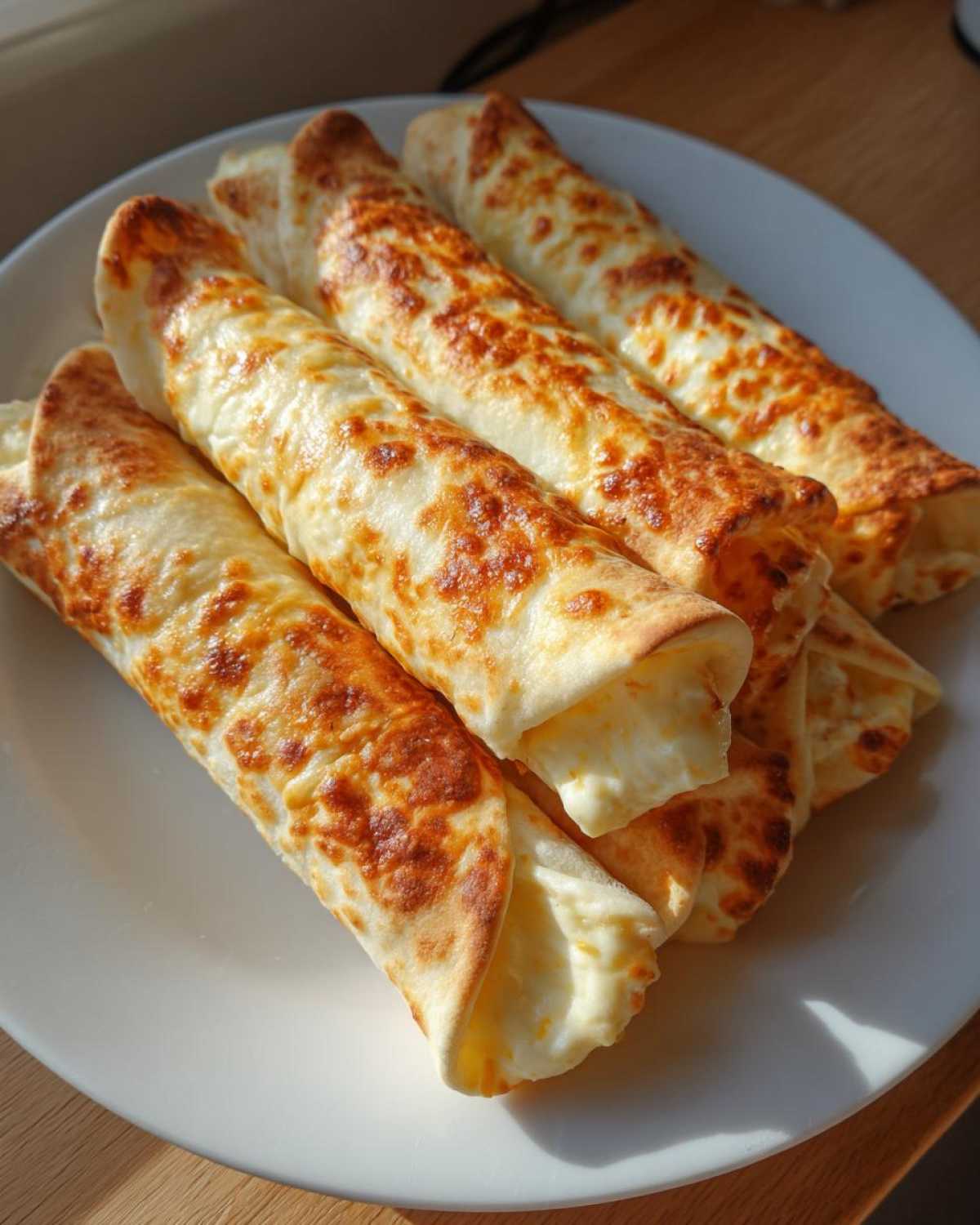 A plate of golden-brown cream cheese chicken taquitos, showing the crispy tortilla and creamy filling.