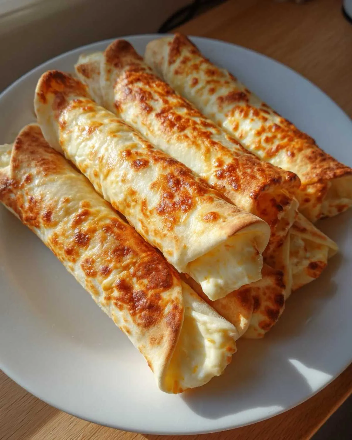 A plate of golden-brown cream cheese chicken taquitos, showing the crispy tortilla and creamy filling.