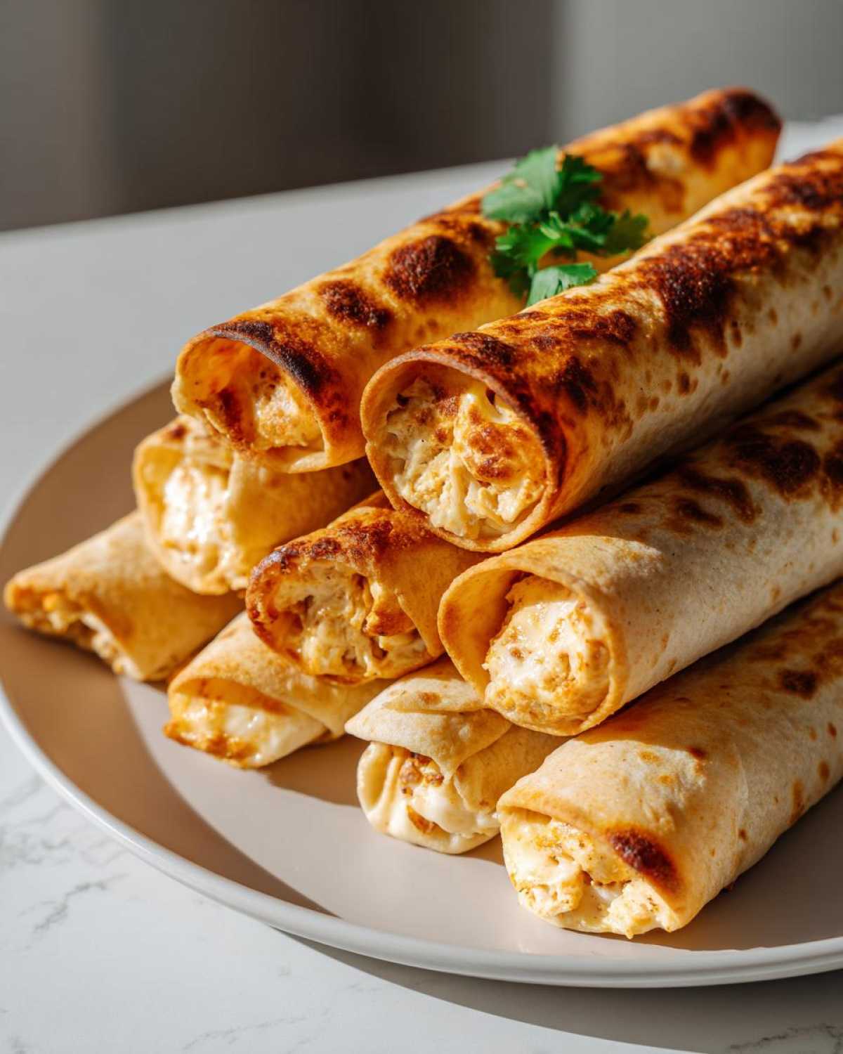 A stack of golden-brown, crispy cream cheese chicken taquitos on a plate, garnished with cilantro.