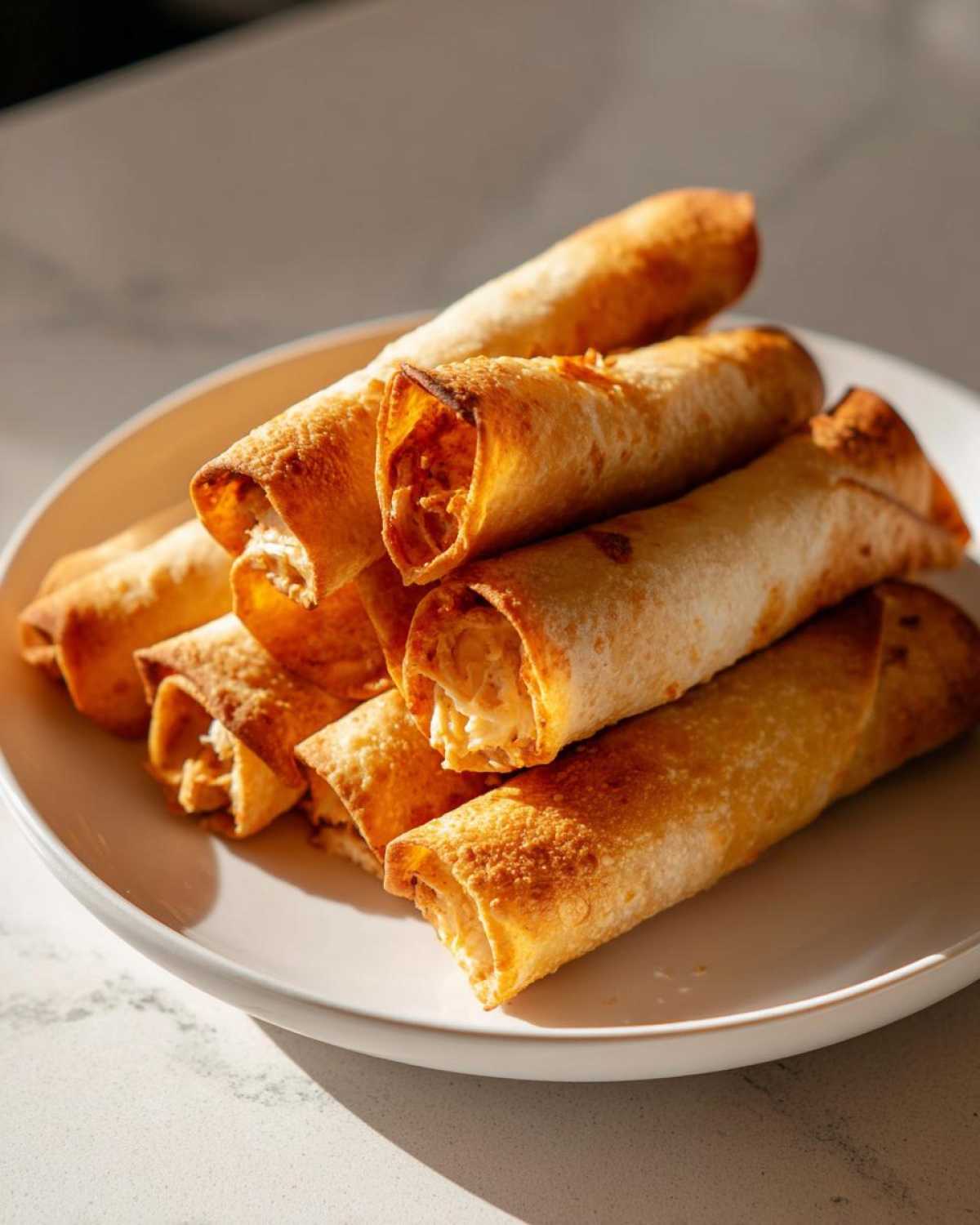 A stack of golden-brown, crispy cream cheese chicken taquitos on a white plate.