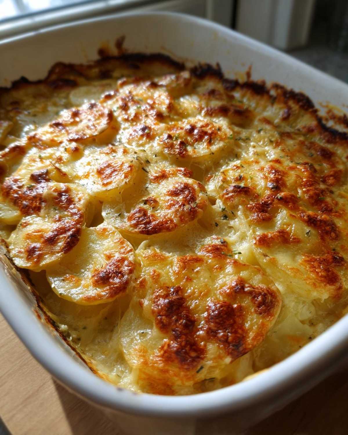 Close-up of golden-brown, bubbly Au Gratin Potatoes baked in a white dish, with visible herbs.