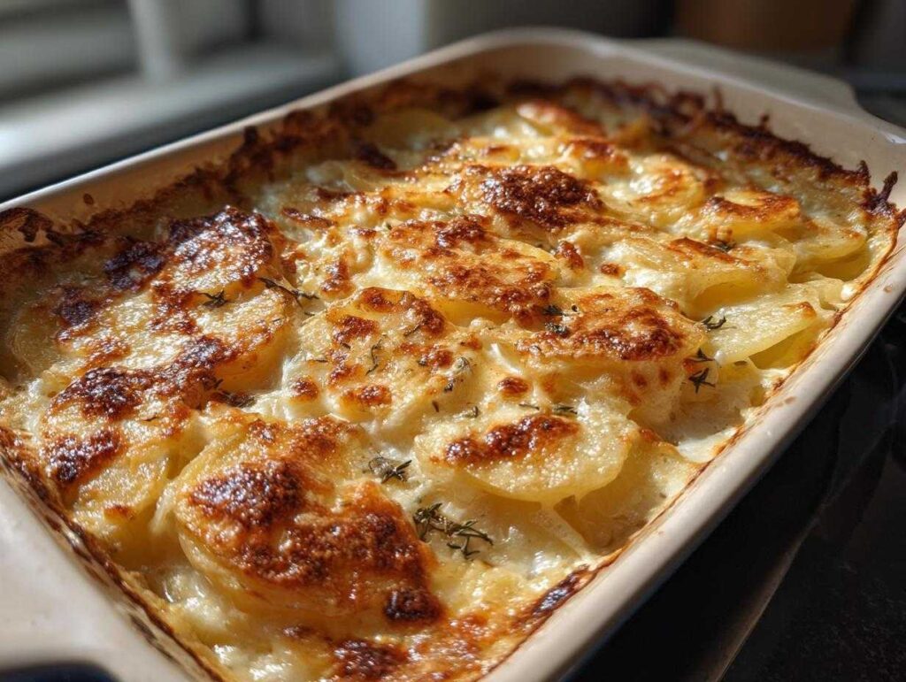 Close-up of a baking dish filled with golden brown and bubbly au gratin potatoes, topped with herbs.
