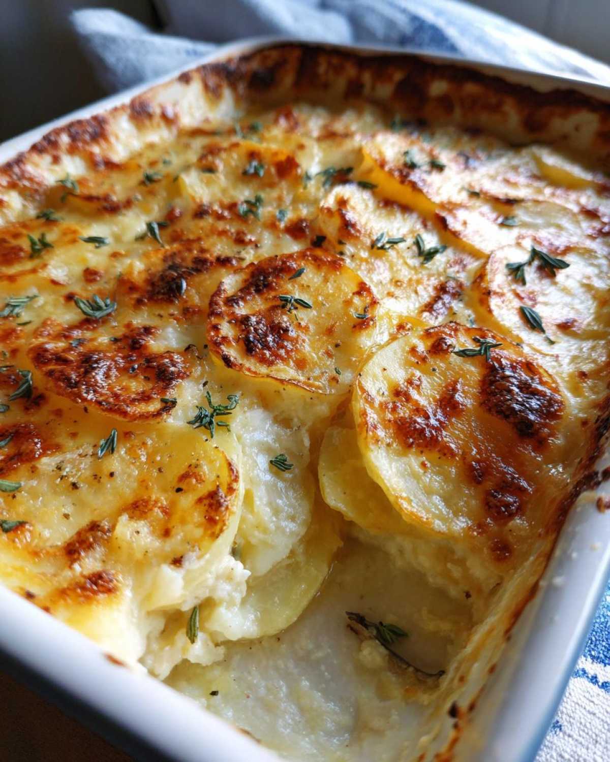 Close-up of golden-brown, creamy Au Gratin Potatoes baked in a white dish, garnished with fresh herbs.
