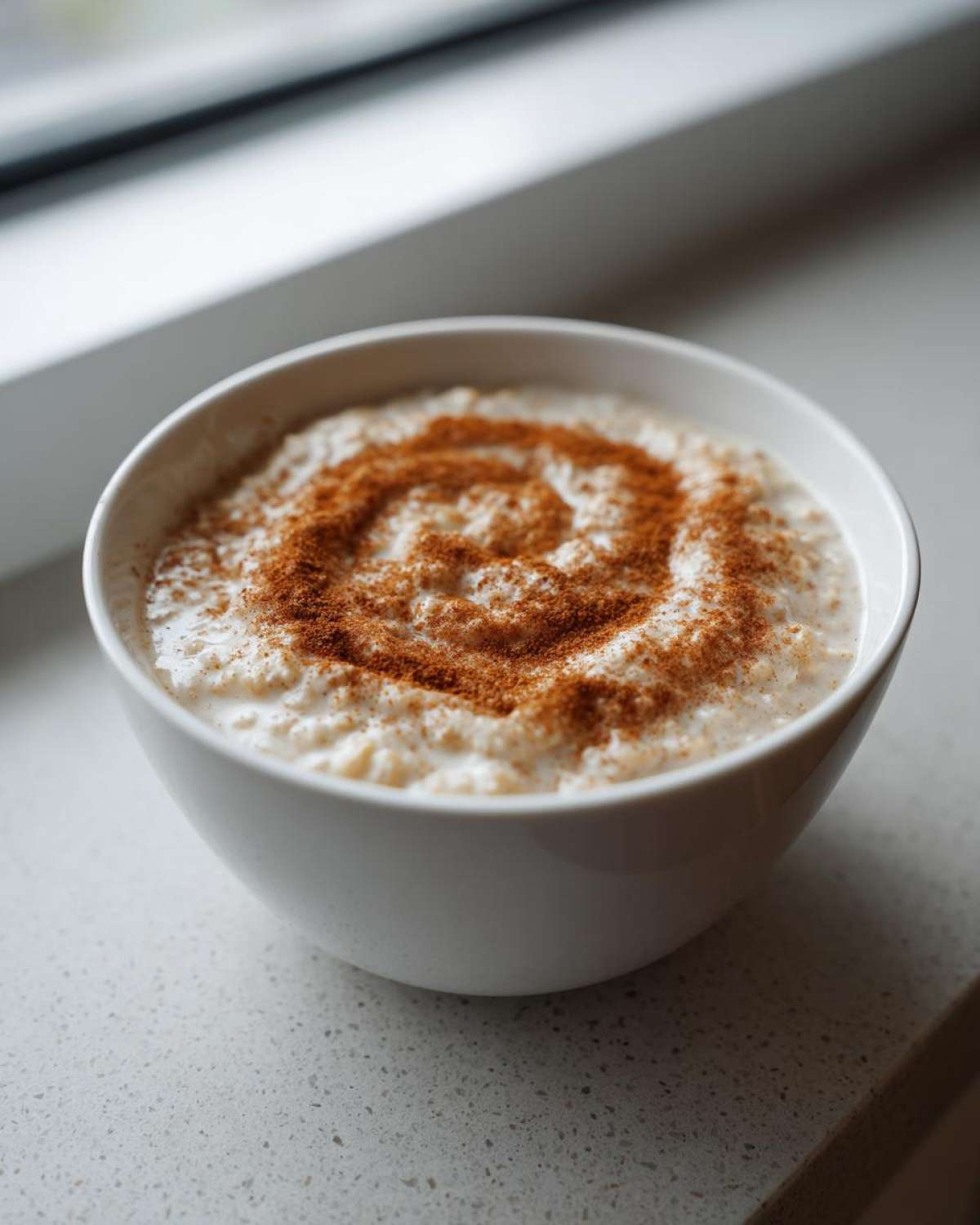 A white bowl filled with creamy banana oatmeal topped with a decorative cinnamon swirl.