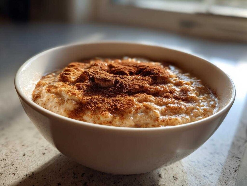 Close-up of a bowl of creamy banana oatmeal generously topped with ground cinnamon.