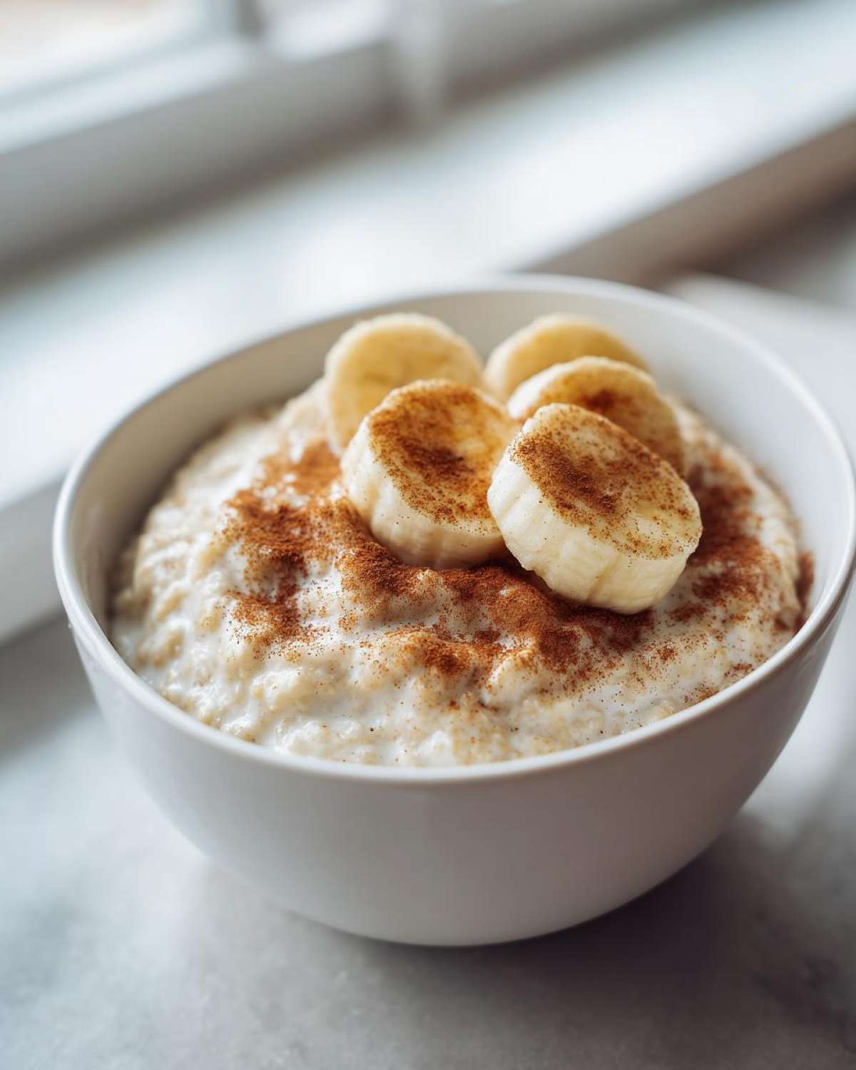 Close-up of a white bowl filled with creamy banana oatmeal, topped with sliced bananas and cinnamon.