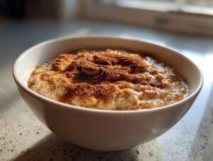 Close-up of a bowl of creamy banana oatmeal generously topped with ground cinnamon.