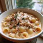 A close-up of a bowl of creamy chicken parmesan soup topped with shredded chicken, pasta shells, and grated parmesan cheese.