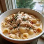 A close-up of a bowl of creamy chicken parmesan soup topped with shredded chicken, pasta shells, and grated parmesan cheese.