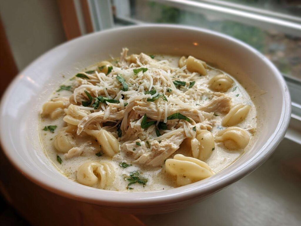 A close-up of a bowl of creamy chicken parmesan soup topped with shredded chicken, pasta, and grated Parmesan cheese.