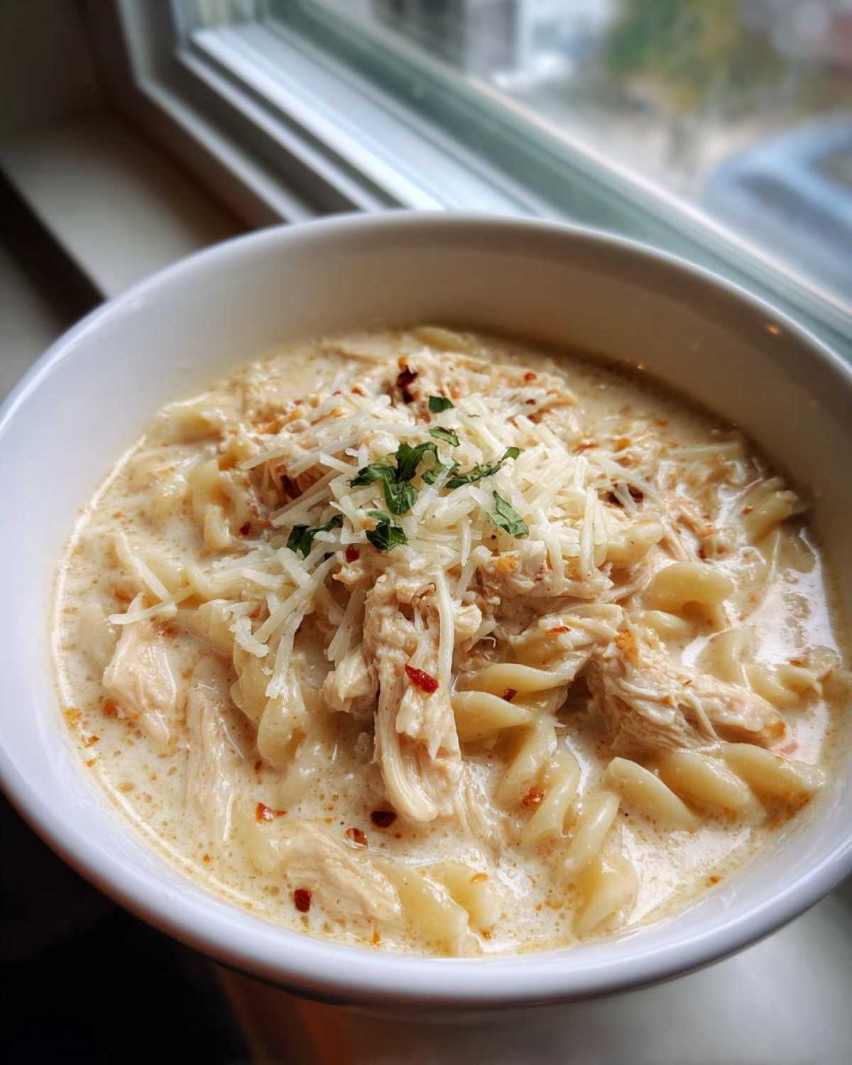 A close-up of creamy chicken parmesan soup filled with shredded chicken and pasta, topped with grated Parmesan and parsley.