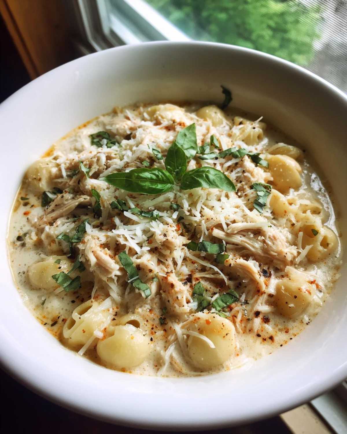 A close-up of creamy chicken parmesan soup featuring shell pasta, shredded chicken, grated parmesan, and fresh basil.