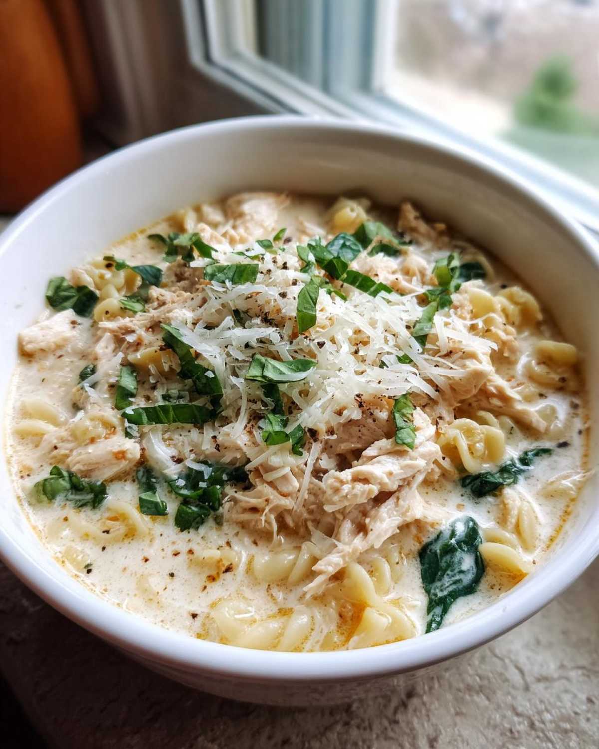 A close-up of a bowl of creamy chicken parmesan soup with pasta, shredded chicken, and topped with grated parmesan and fresh basil.
