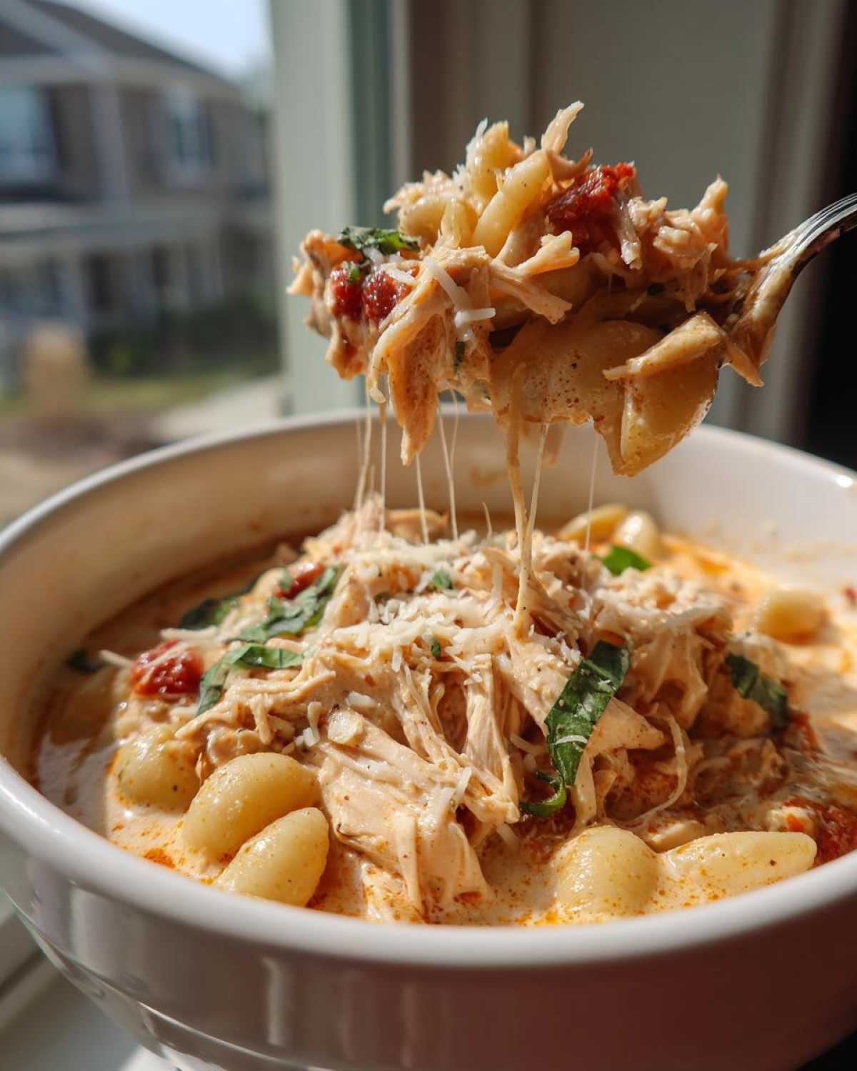 A spoonful of creamy chicken parmesan soup lifted from a bowl, showing shredded chicken, gnocchi, and melted cheese strings.