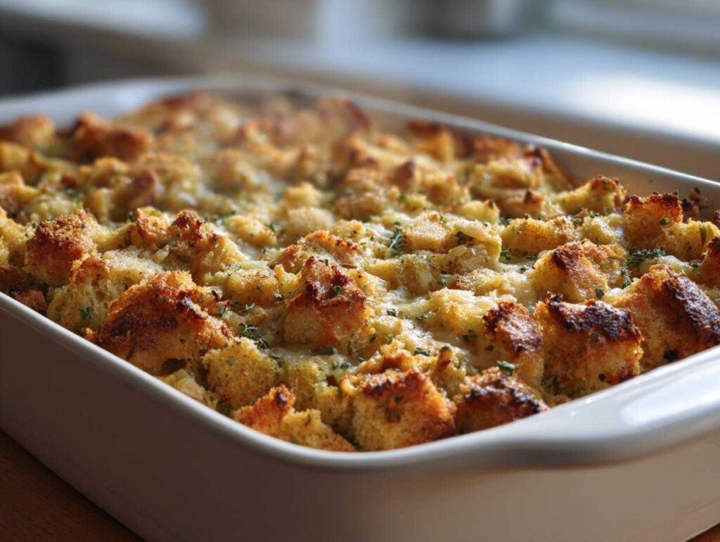 A close-up view of a freshly baked creamy chicken stuffing casserole in a white baking dish, topped with golden-brown bread cubes.