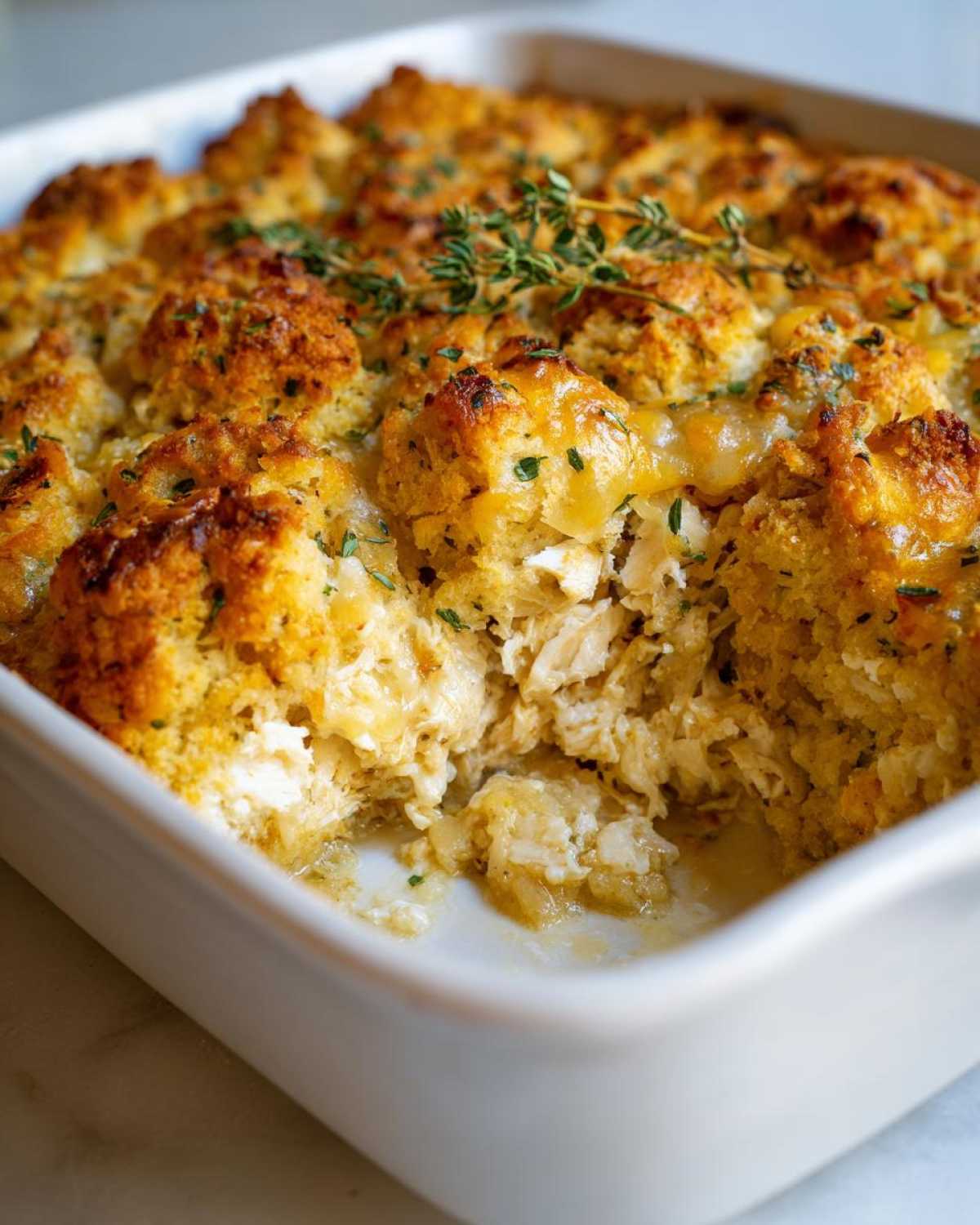 A close-up of a creamy chicken stuffing casserole in a white baking dish, topped with golden-brown stuffing and fresh herbs.