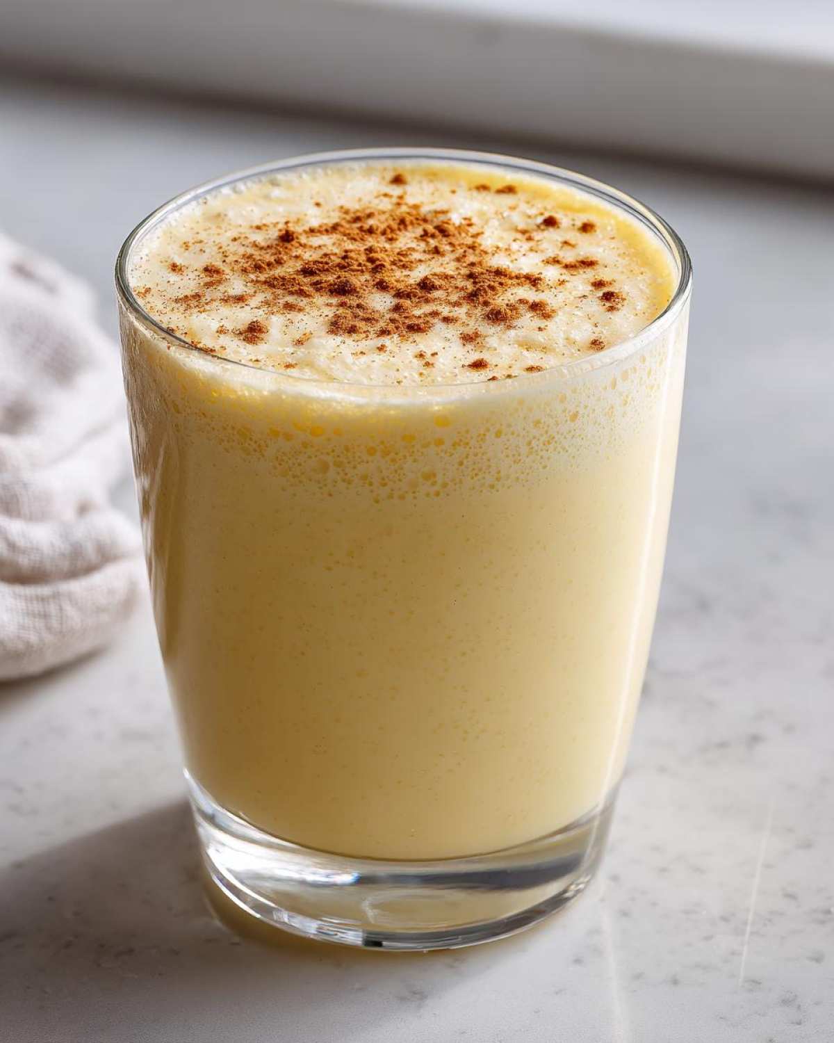 A tall glass filled with creamy, pale yellow homemade eggnog, topped with a dusting of ground cinnamon.