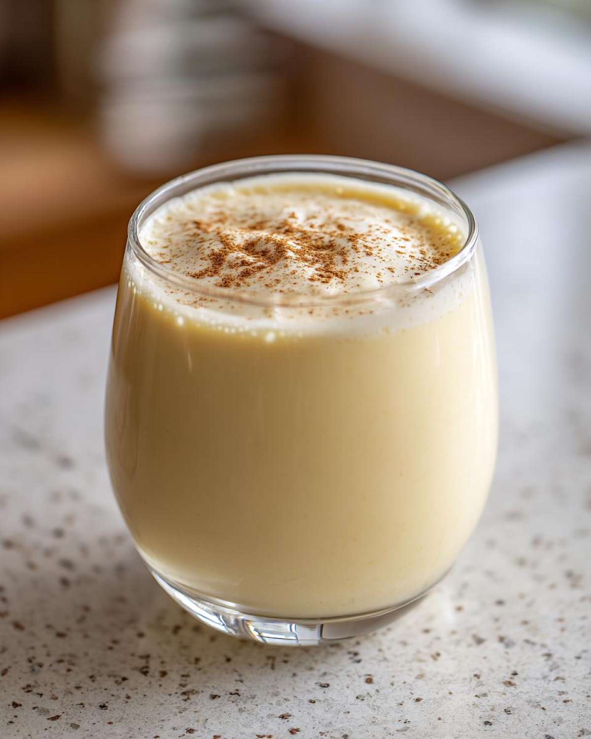 A close-up of a glass filled with creamy, pale yellow eggnog, topped with a dusting of cinnamon.