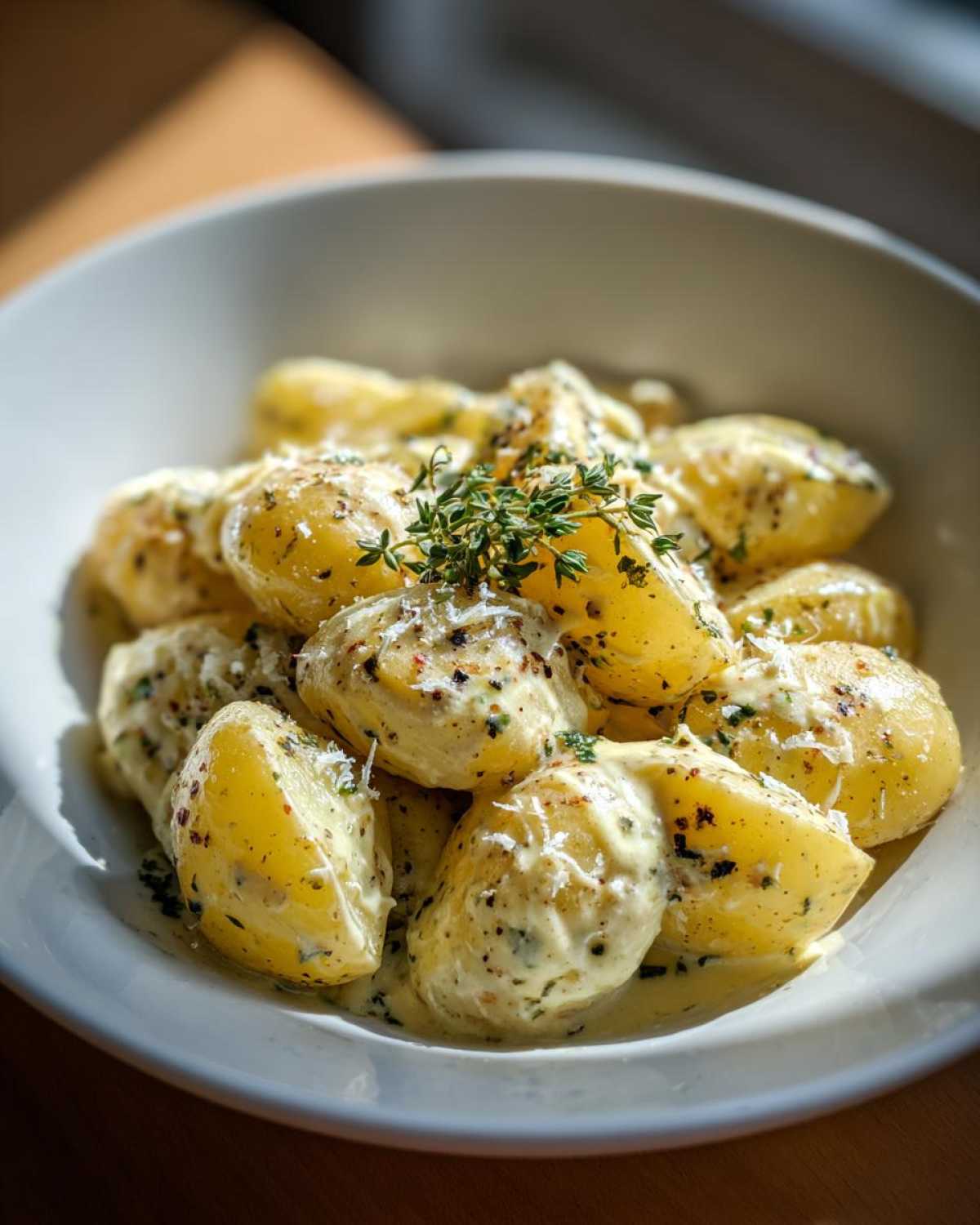A close-up of creamy garlic baby potatoes in a white bowl, garnished with fresh thyme and cracked black pepper.